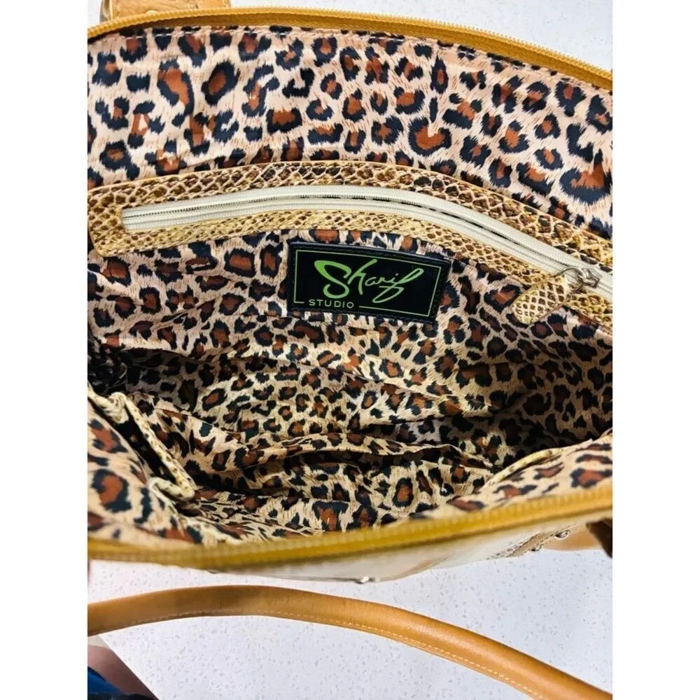 Sharif Studio Tan Snakeskin Embossed Satchel Studded Handbag Medium EUC